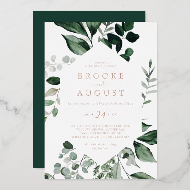 Emerald Greenery Rose Gold Foil All In One Wedding Foil Invitation (Front/Back)