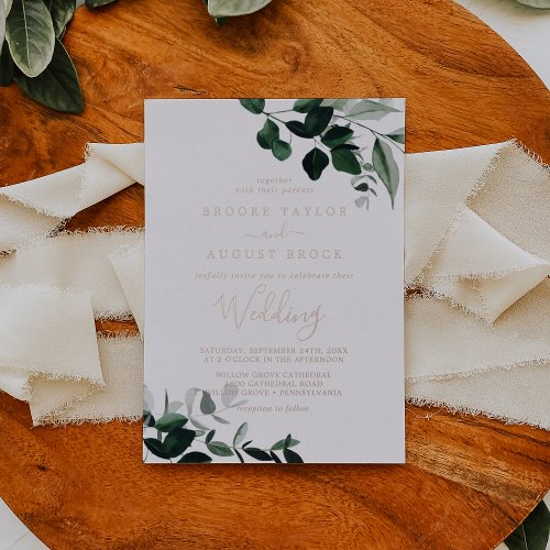 Emerald Greenery  Rose Gold Foil Wedding Foil Invitation