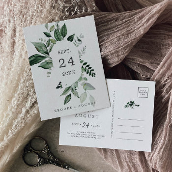 Emerald Greenery Save The Date Postcard by FreshAndYummy at Zazzle