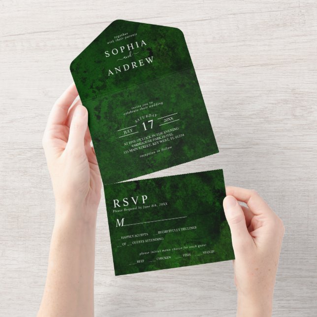 Emerald Greenery & Silver Calligraphy All In One Invitation (Tearaway)
