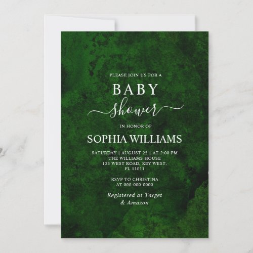 Emerald Greenery  Silver Calligraphy Baby Shower Invitation