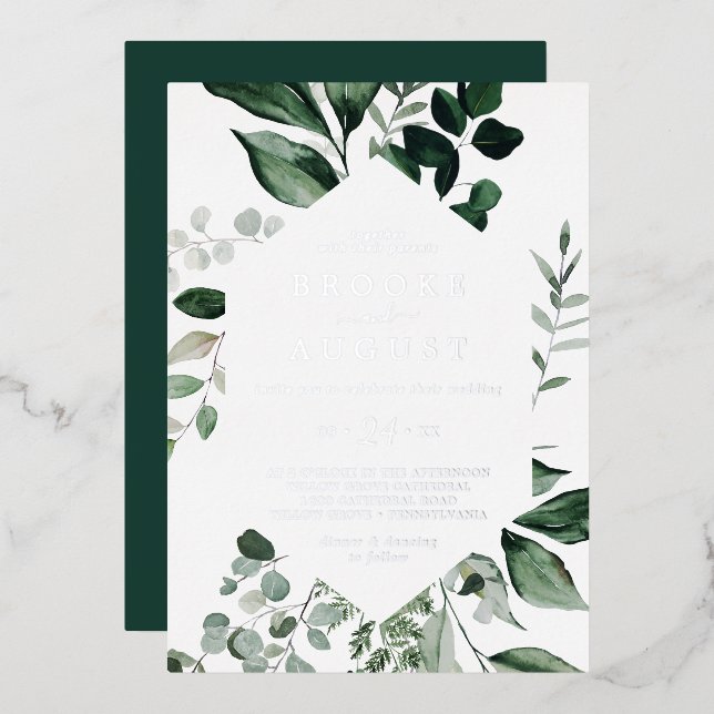 Emerald Greenery | Silver Foil All In One Wedding Invitation (Front/Back)