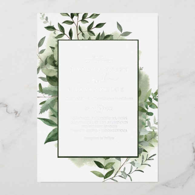 Emerald Greenery | Silver Foil All-In-One Wedding  Invitation (Front)