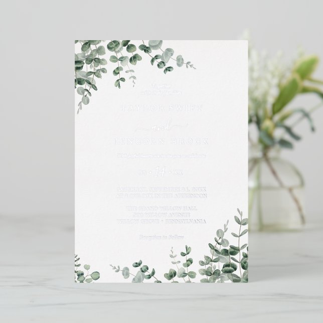 Emerald Greenery | Silver Foil Wedding  Invitation (Standing Front)