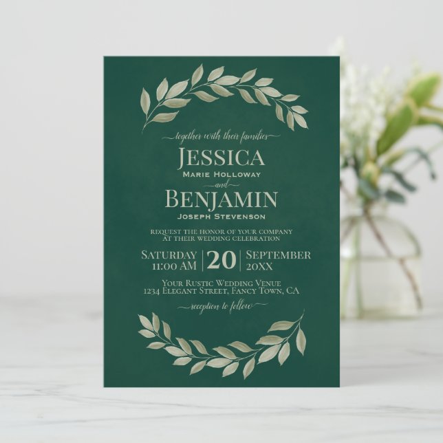 Emerald Greenery Simple Watercolor Leaves Wedding Invitation (Standing Front)