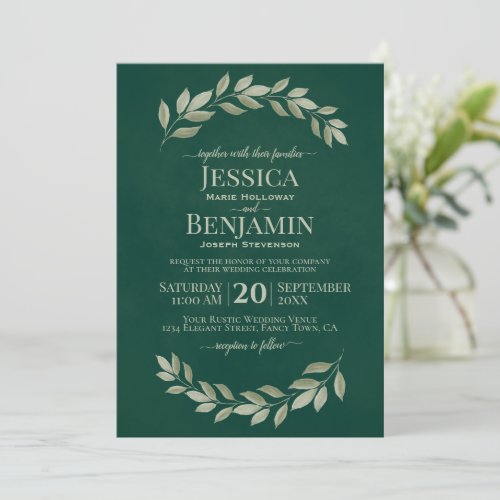 Emerald Greenery Simple Watercolor Leaves Wedding Invitation