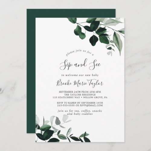 Emerald Greenery Sip and See Invitation