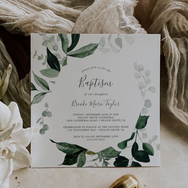 Emerald Greenery Square Baptism Invitation (Creator Uploaded)