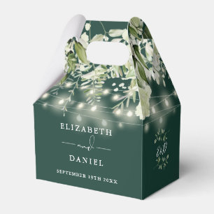 Emerald Greenery String Lights Monogram Wedding Favor Boxes