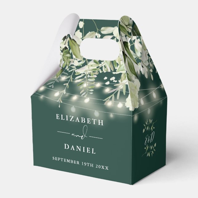Emerald Greenery String Lights Monogram Wedding Favor Boxes (Front Side)