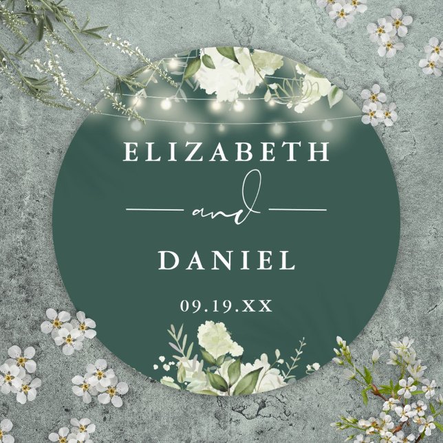 Emerald Greenery String Lights Wedding Favor Classic Round Sticker (Emerald Greenery String Lights Wedding Favor Classic Round Sticker)