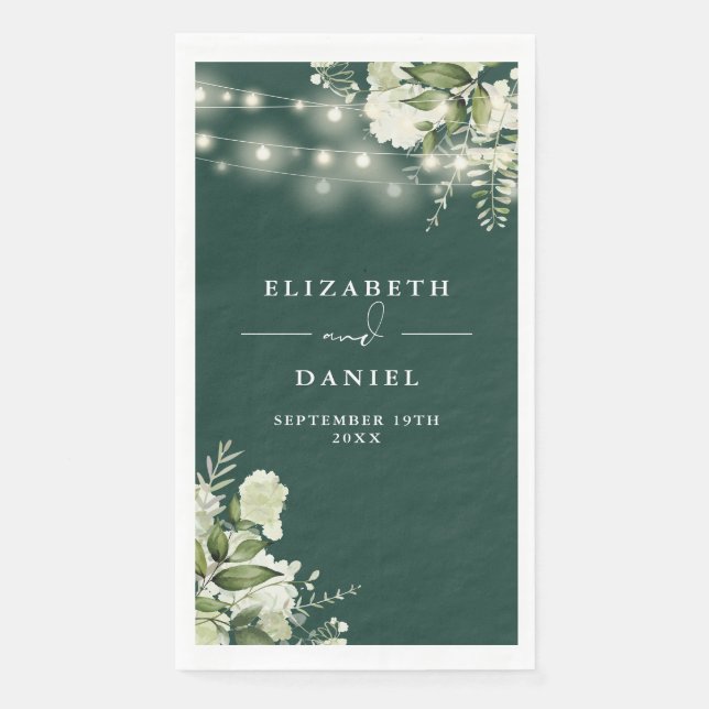 Emerald Greenery String Lights Wedding Paper Guest Towels (Front)