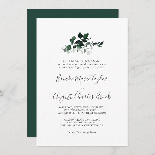 Emerald Greenery Traditional Wedding Invitation (Front/Back)