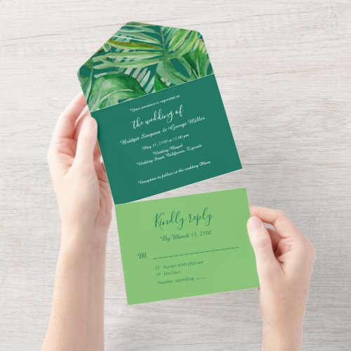emerald greenery tropical wedding  all in one invitation