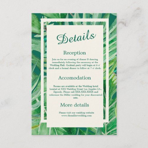 emerald greenery tropical wedding enclosure card