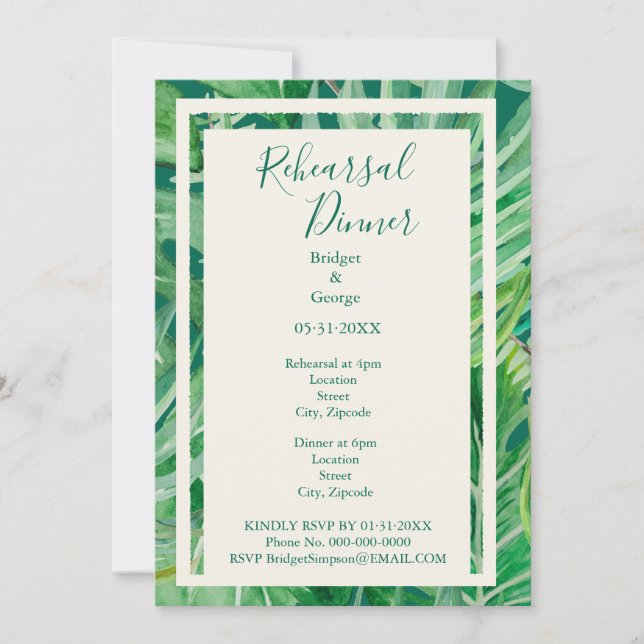 emerald greenery tropical wedding rehearsal invitation (Front)