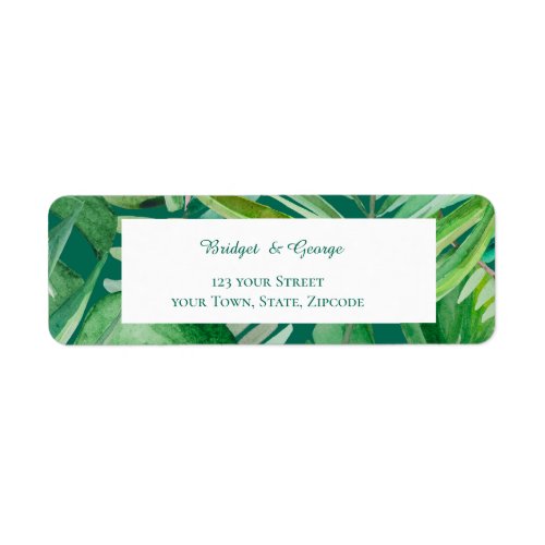 emerald greenery tropical wedding return adress  label