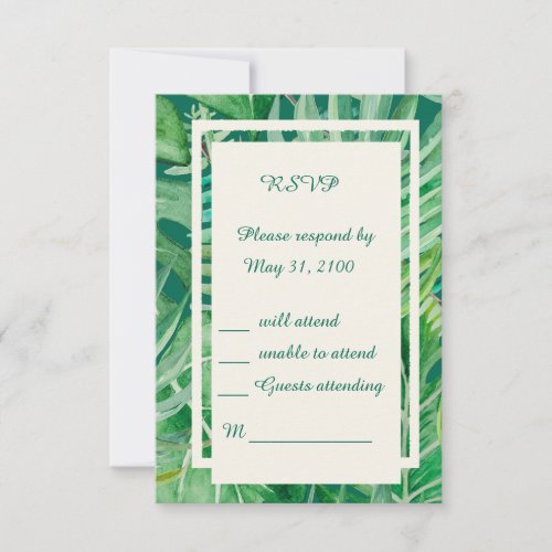 emerald greenery tropical wedding  RSVP card