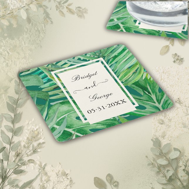 emerald greenery tropical wedding square paper coaster (Creator Uploaded)