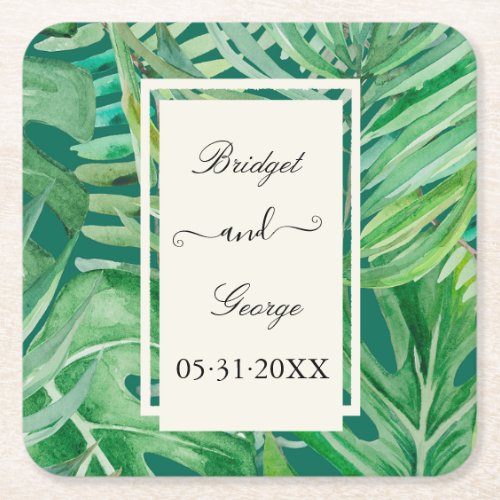 emerald greenery tropical wedding square paper coaster