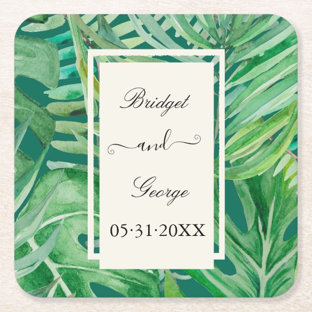 emerald greenery tropical wedding square paper coaster (Front)
