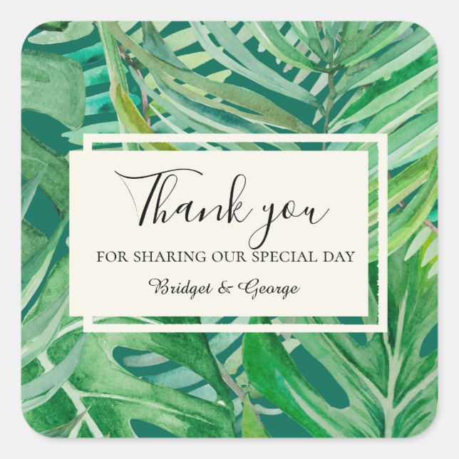 emerald greenery tropical wedding thank you square sticker (Front)
