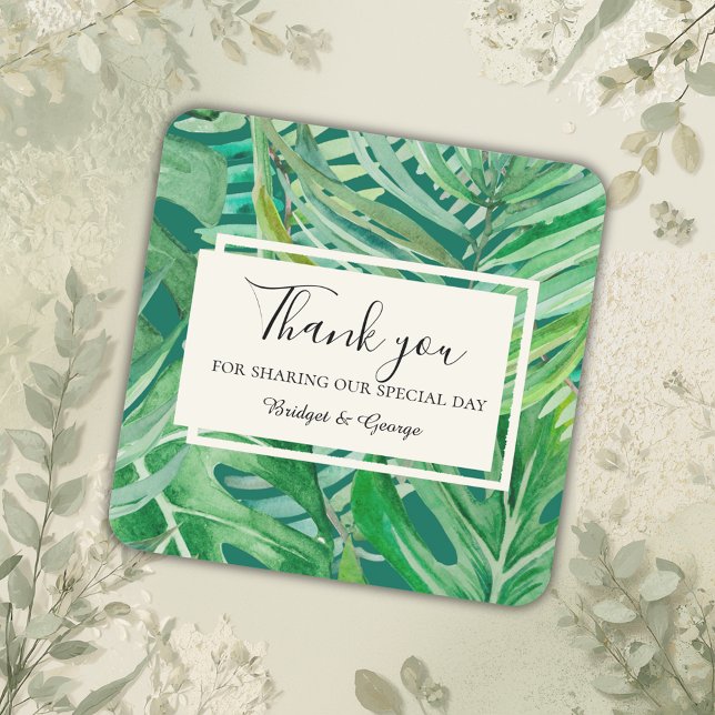 emerald greenery tropical wedding thank you square sticker (Creator Uploaded)