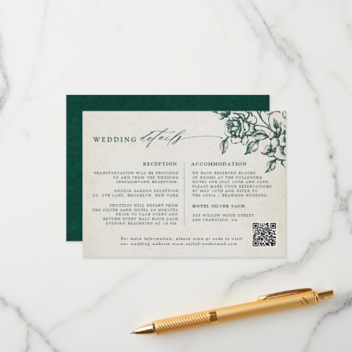 Emerald Greenery Vintage Botanical Wedding Details Enclosure Card