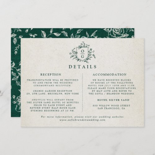 Emerald Greenery Vintage Botanical Wedding Details Enclosure Card