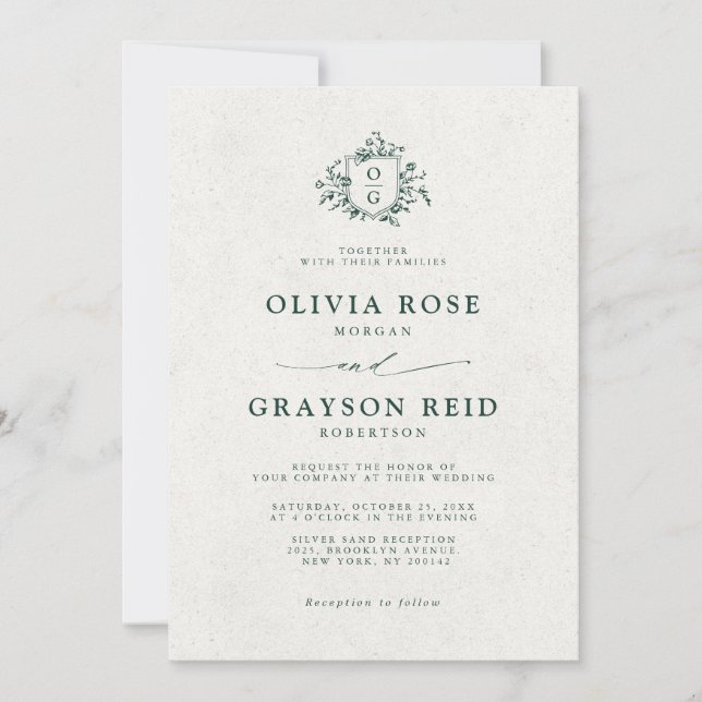 Emerald Greenery Vintage Botanical Wedding Invitation (Front)