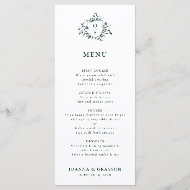 Emerald Greenery Vintage Botanical Wedding Menu (Front)