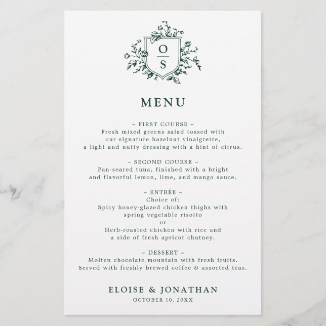 Emerald Greenery Vintage Botanical Wedding Menu (Front)