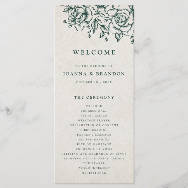 Emerald Greenery Vintage Botanical Wedding Program (Front)