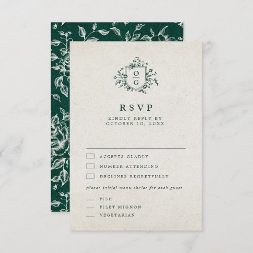 Emerald Greenery Vintage Botanical Wedding RSVP Card