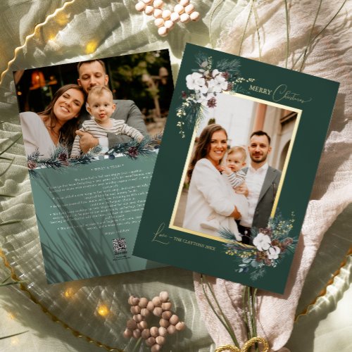 Emerald Greenery Vintage Christmas Two Photo Foil Holiday Card