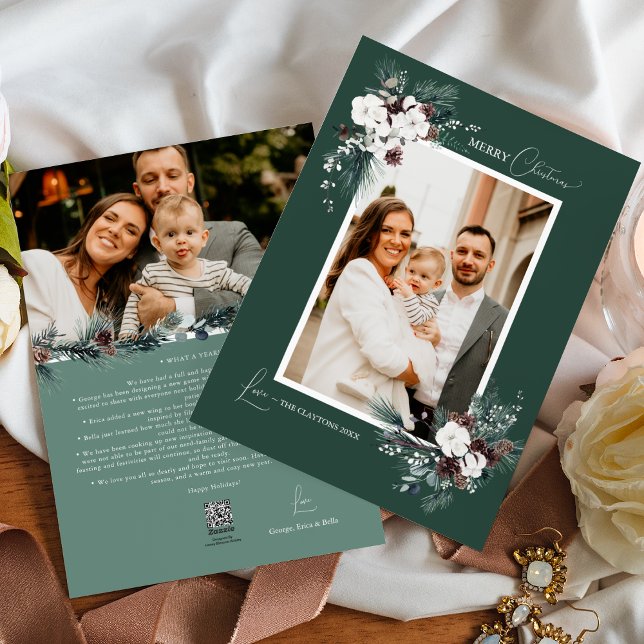 Emerald Greenery Vintage Christmas Two Photo Holiday Card (Creator Uploaded)