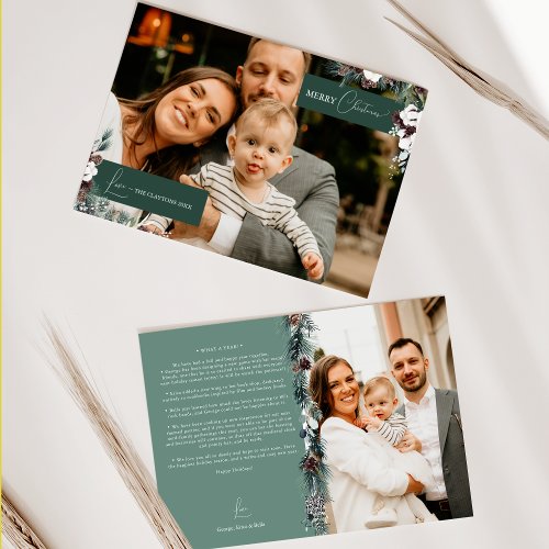 Emerald Greenery Vintage Family Newsletter Photo Holiday Card