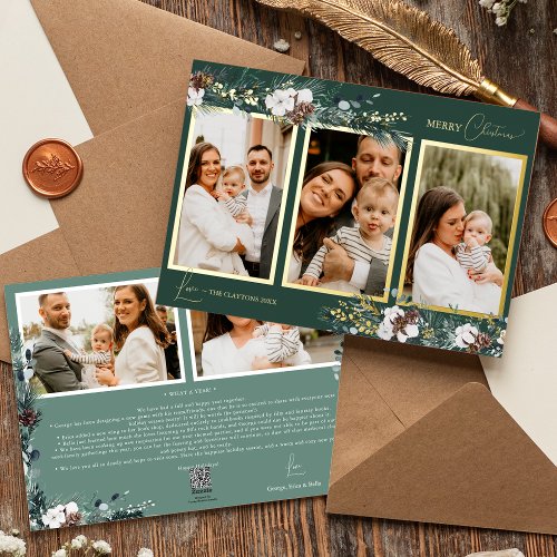 Emerald Greenery Vintage Five Photo Collage Foil Holiday Card