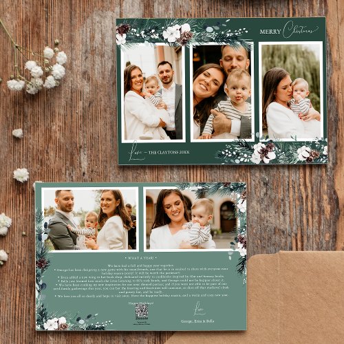 Emerald Greenery Vintage Five Photo Collage Holiday Card