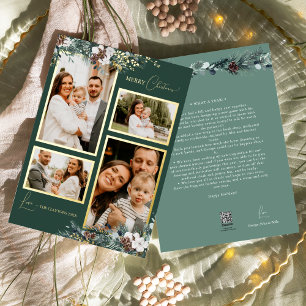 Emerald Greenery Vintage Four Photo Collage Foil Holiday Card
