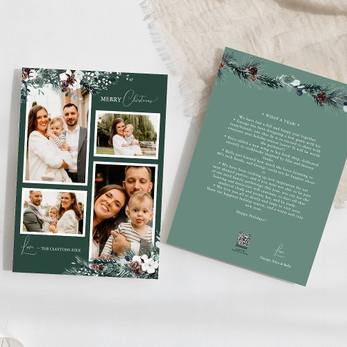 Emerald Greenery Vintage Four Photo Collage Holiday Card