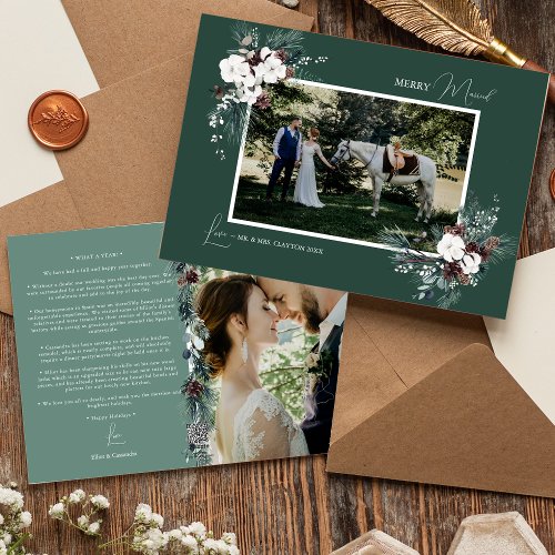 Emerald Greenery Vintage Merry Married Photo Holiday Card