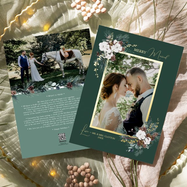 Emerald Greenery Vintage Merry Married Portrait Foil Holiday Card (Creator Uploaded)