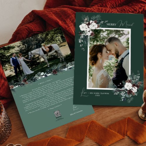 Emerald Greenery Vintage Merry Married Portrait Holiday Card