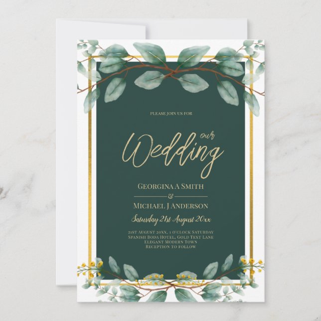 Emerald Greenery Wedding Botanical Nature Invites (Front)