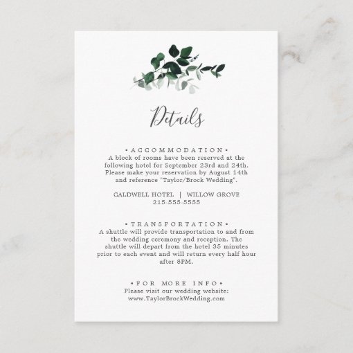 Emerald Greenery Wedding Details Enclosure Card | Zazzle