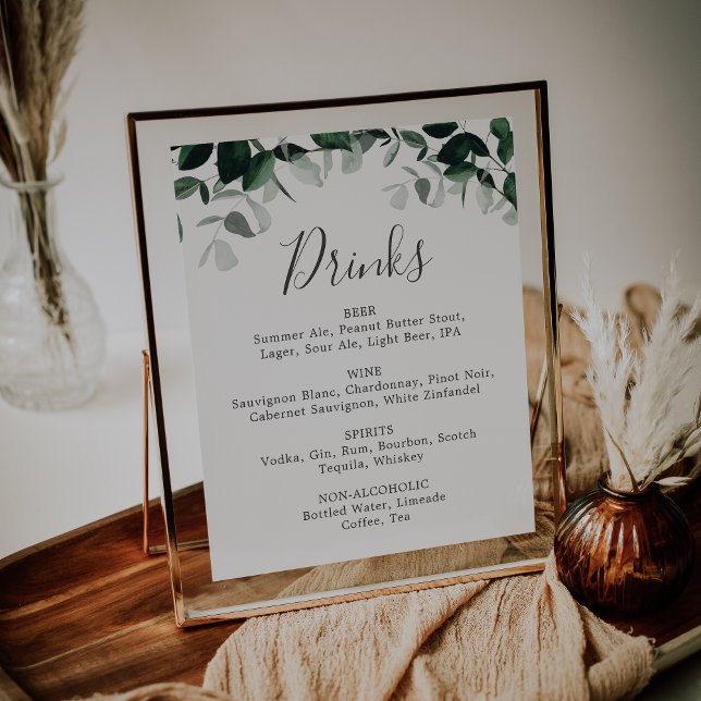 Emerald Greenery Wedding Drinks Menu Sign (Creator Uploaded)