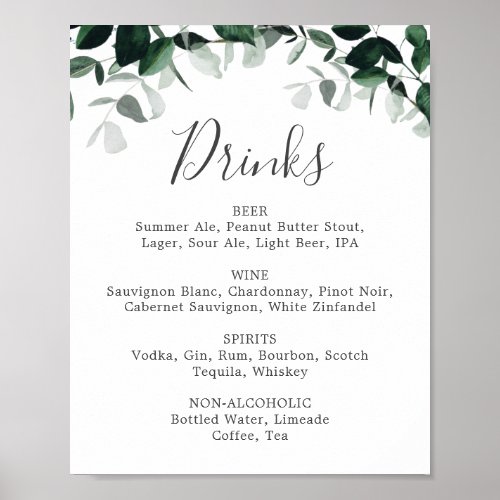 Emerald Greenery Wedding Drinks Menu Sign