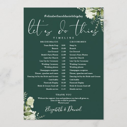 Emerald Greenery Wedding Schedule Timeline Program