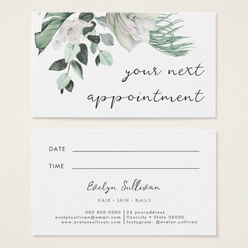 emerald greenery white flowers appointment card